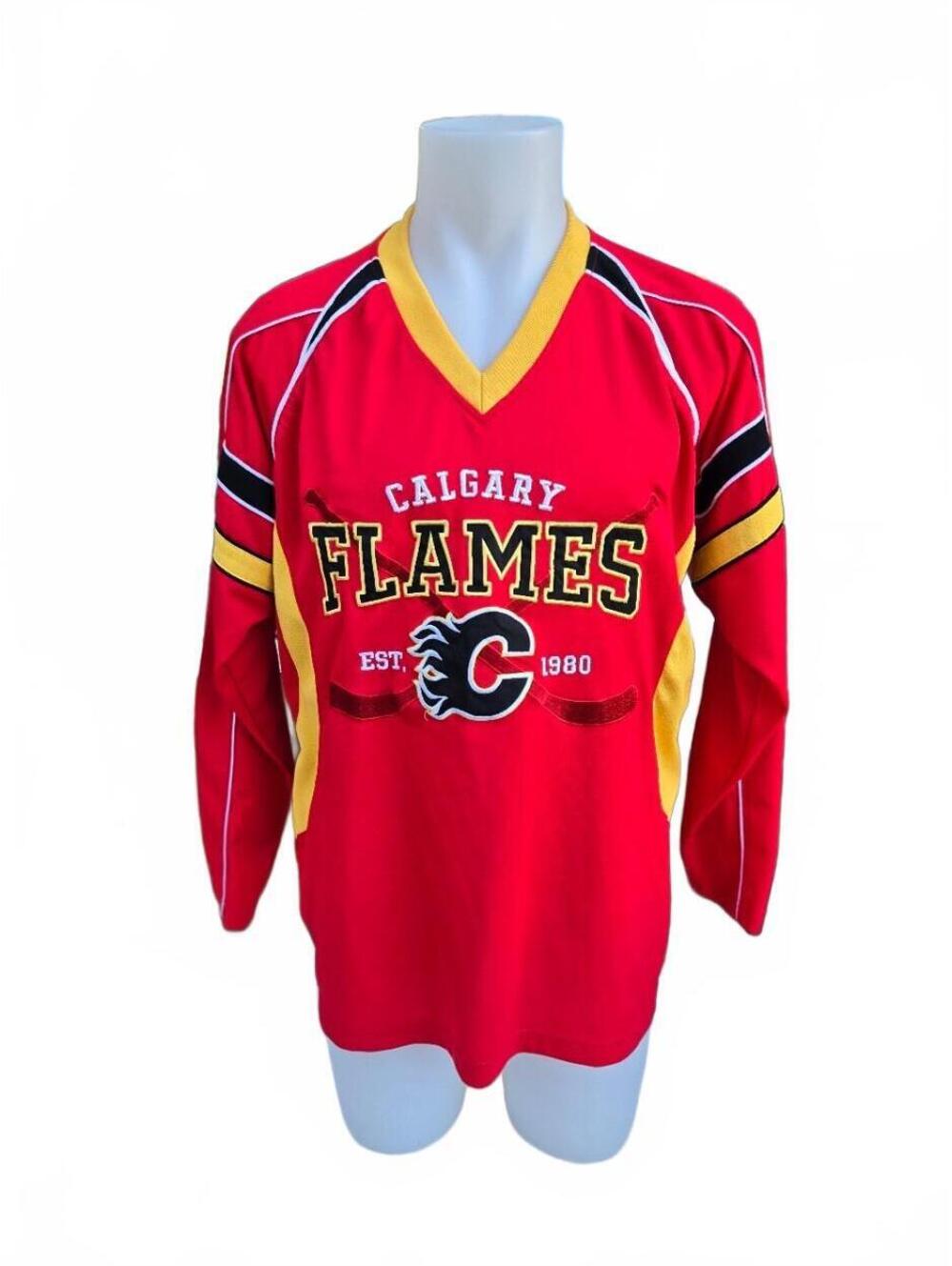 Calgary Flames Men's Long Sleeve Hockey Jersey Red and Yellow Size Medium